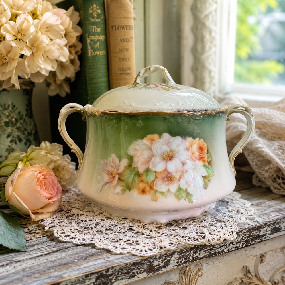 Antique Hand Painted Bavaria Lidded Christmas Rose Signed J Braun Glit/Porcelain